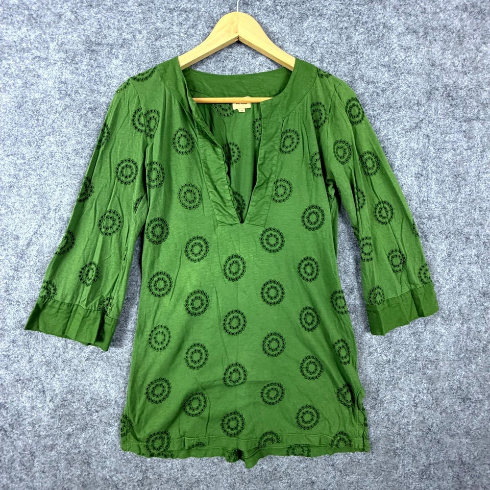 Ella Moss Tunic Top Womens Medium Green Boho Abstract Artsy Indie Split Neck